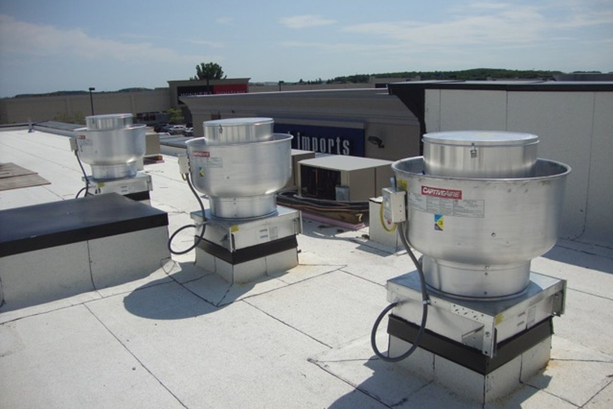 Rooftop exhaust ventilation fans serving a clinic